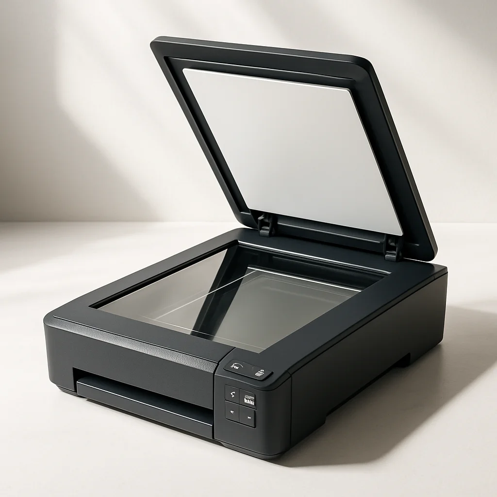 A metrology engineer reviewing a high-resolution 3D scan of a precision machined part on a workstation monitor, with an industrial 3D scanner and flatbed document scanner visible on the lab bench